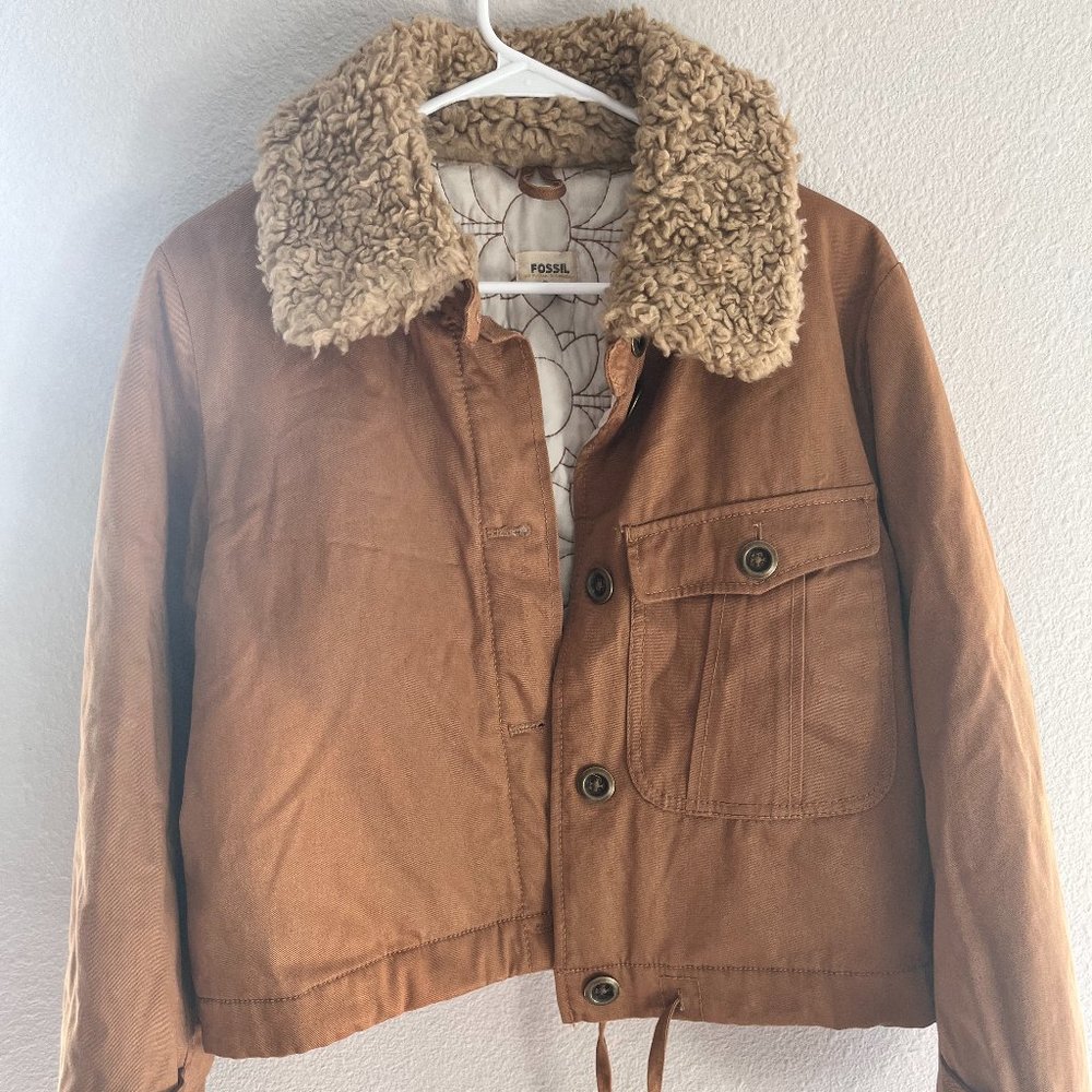 Fossil Vintage Faux Fur Collar Tan Jacket Size XS